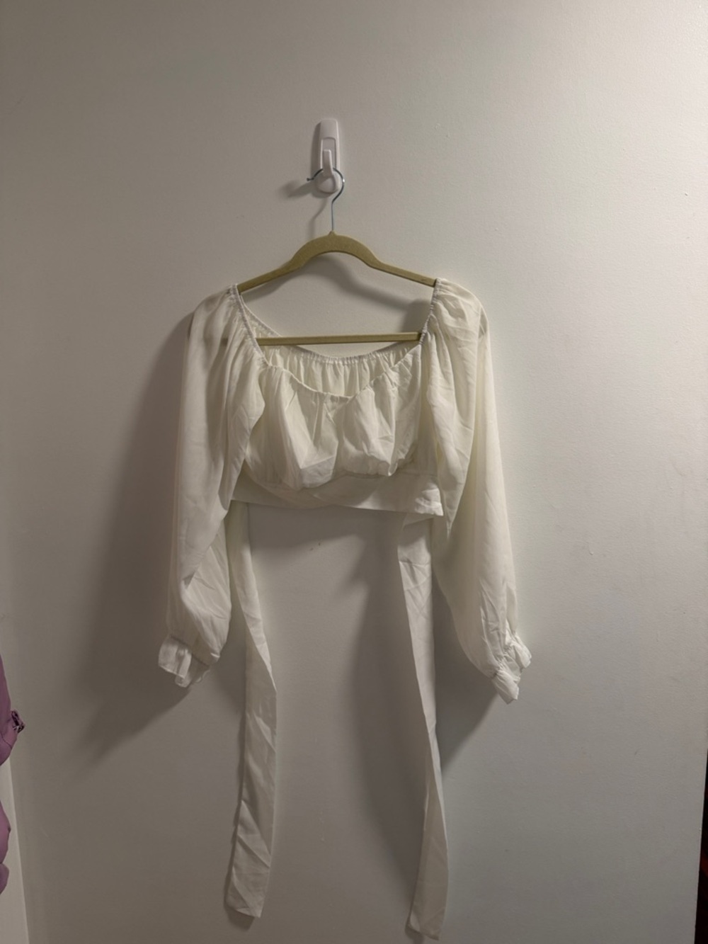 White Long Sleeve Peasant Crop Top with Tie Detail